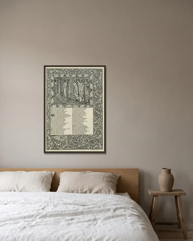 Geoffrey Chaucers verk, plansch 77 av Sir Edward Coley Burne-Jones inramad på en vägg
