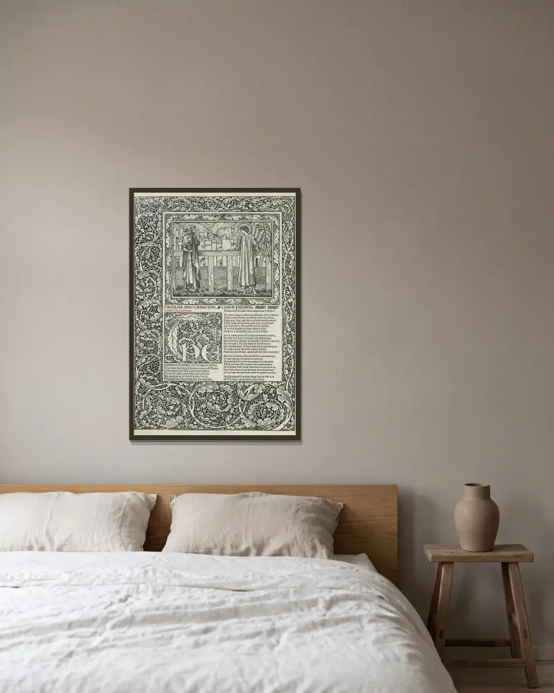 Geoffrey Chaucers verk, plansch 78 av Sir Edward Coley Burne-Jones inramad på en vägg