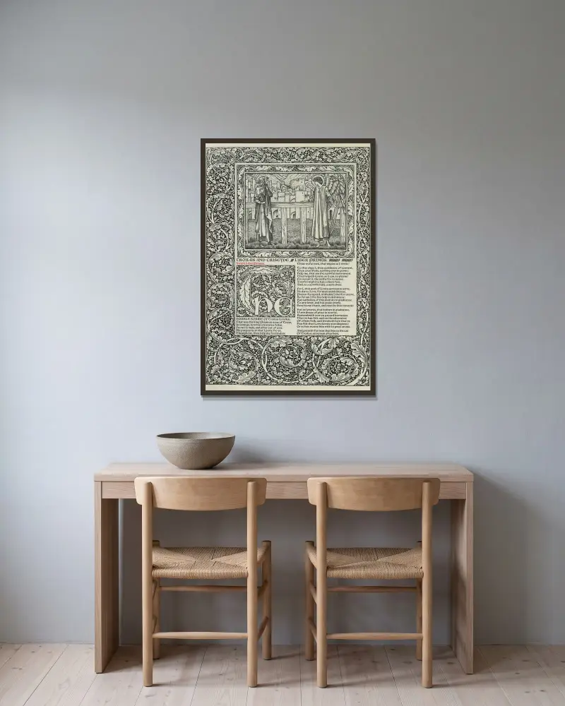 Geoffrey Chaucers verk, plansch 78 av Sir Edward Coley Burne-Jones inramad på en vägg