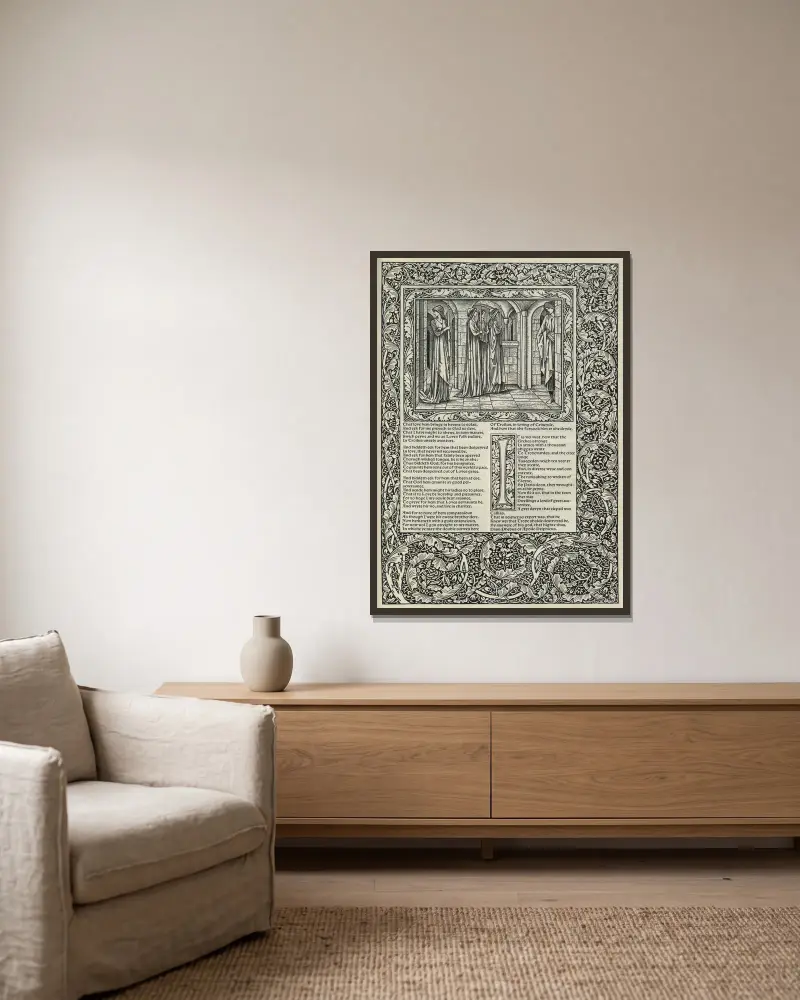 Geoffrey Chaucers verk, plansch 79 av Sir Edward Coley Burne-Jones inramad på en vägg