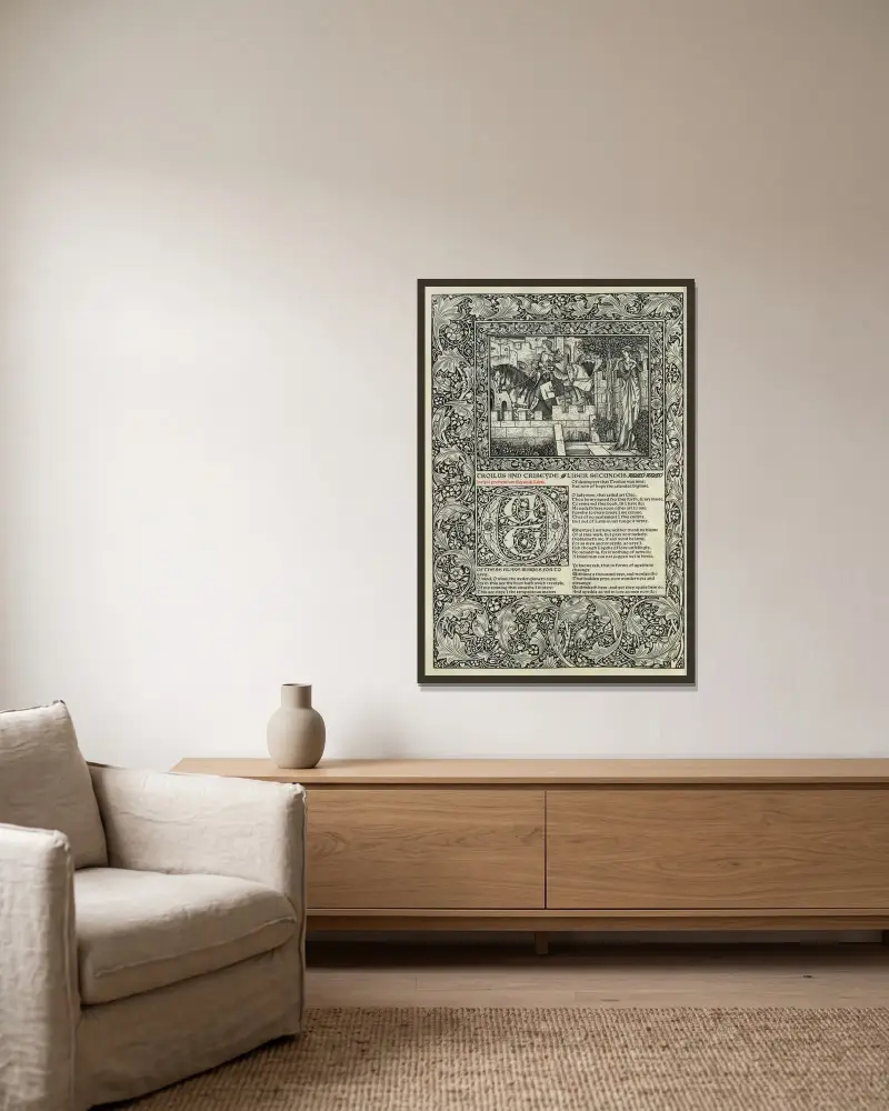 Geoffrey Chaucers verk, plansch 80 av Sir Edward Coley Burne-Jones inramad på en vägg