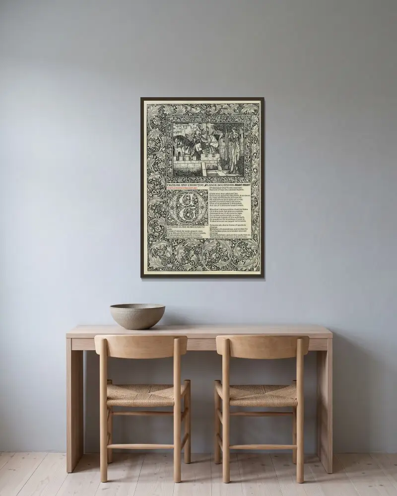 Geoffrey Chaucers verk, plansch 80 av Sir Edward Coley Burne-Jones inramad på en vägg