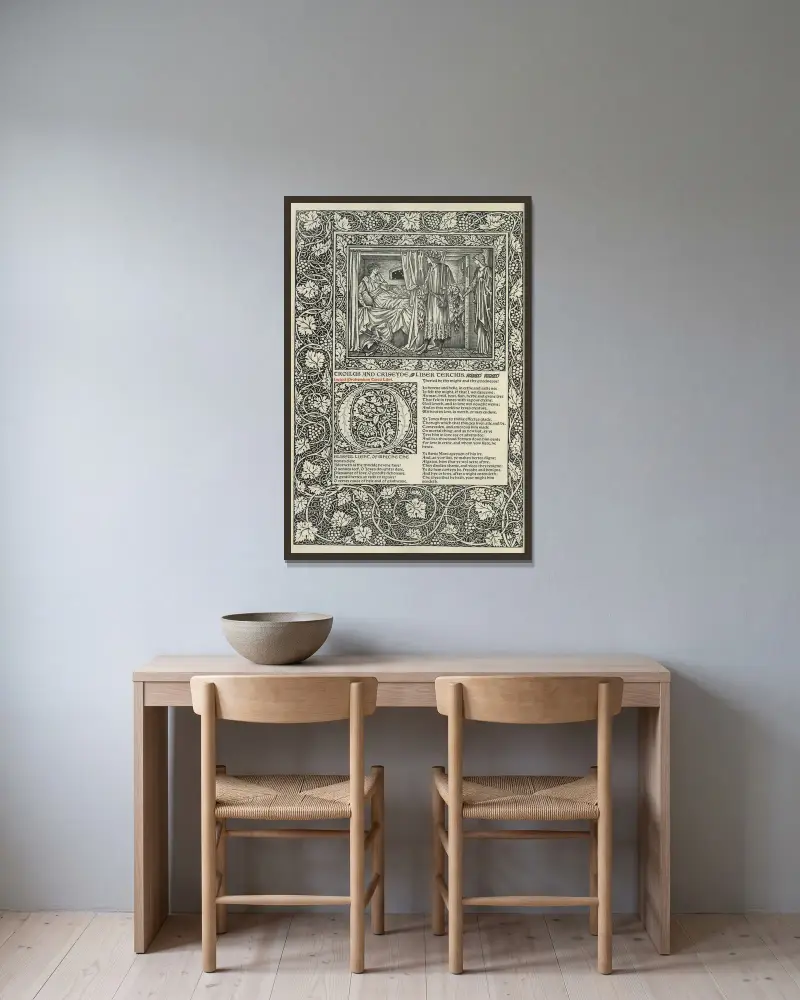 Geoffrey Chaucers verk, plansch 82 av Sir Edward Coley Burne-Jones inramad på en vägg