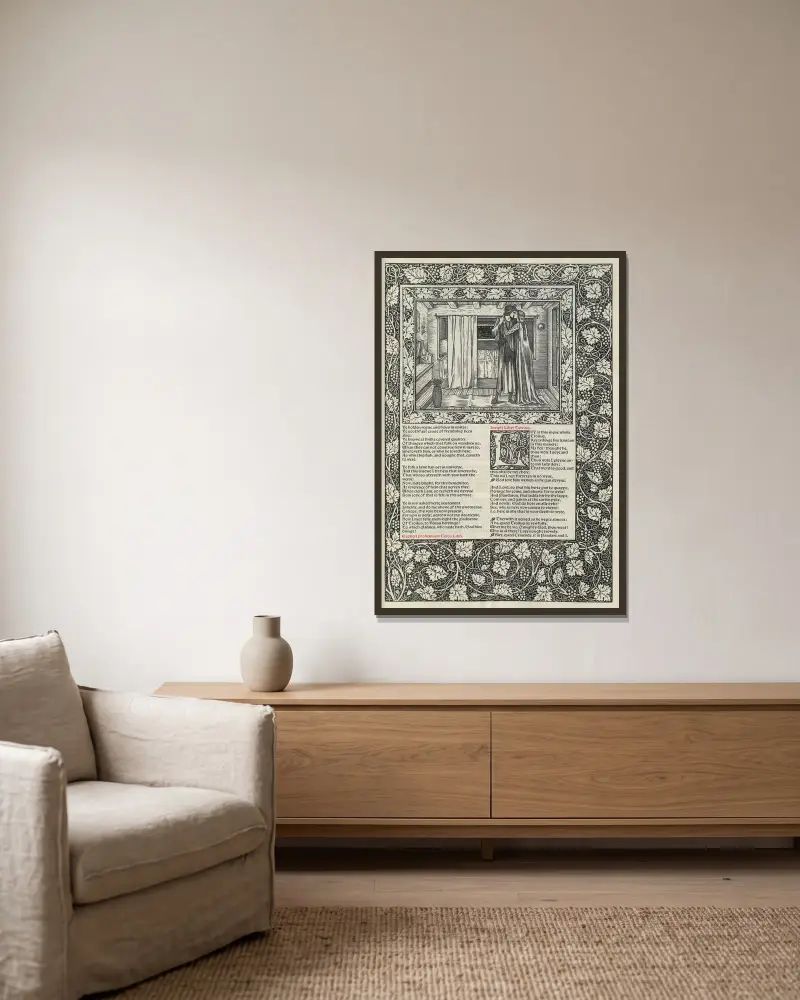 Geoffrey Chaucers verk, plansch 83 av Sir Edward Coley Burne-Jones inramad på en vägg