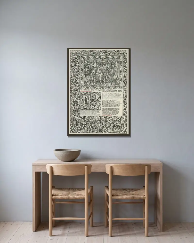 Geoffrey Chaucers verk, plansch 84 av Sir Edward Coley Burne-Jones inramad på en vägg