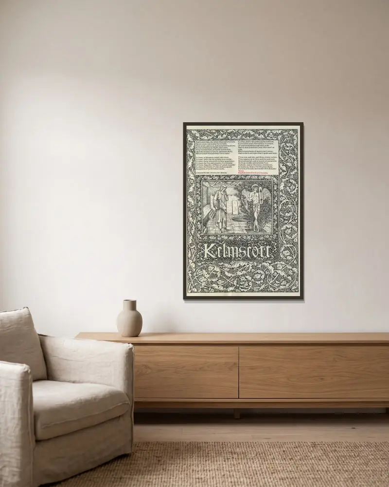 Geoffrey Chaucers verk, plansch 88 av Sir Edward Coley Burne-Jones inramad på en vägg