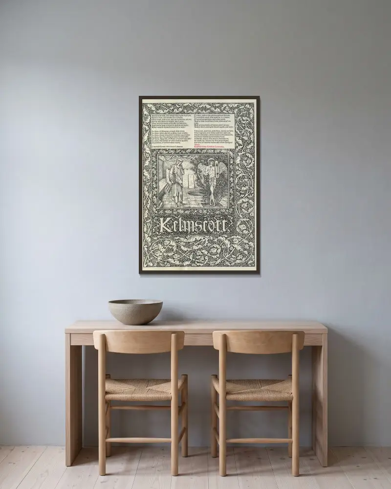 Geoffrey Chaucers verk, plansch 88 av Sir Edward Coley Burne-Jones inramad på en vägg