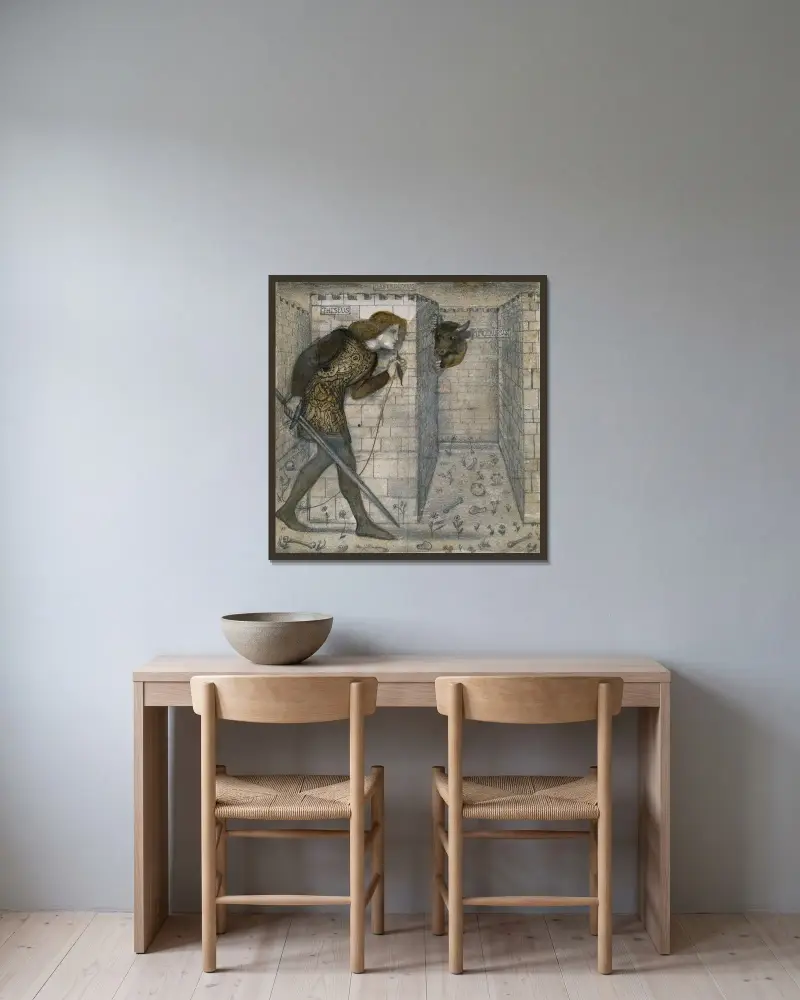 Theseus och Minotauren i labyrinten av Sir Edward Coley Burne-Jones inramad på en vägg