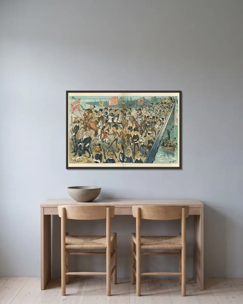 Den stora öppningsmarschen över Brooklyn Bridge av Frederick Burr Opper inramad på en vägg