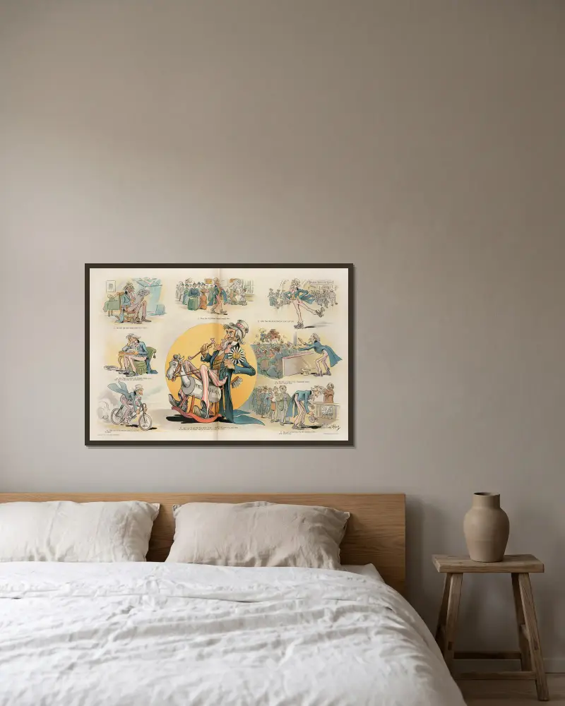 Uncle Sams 'Crazes' früher und heute von Frederick Burr Opper gerahmt an einer Wand