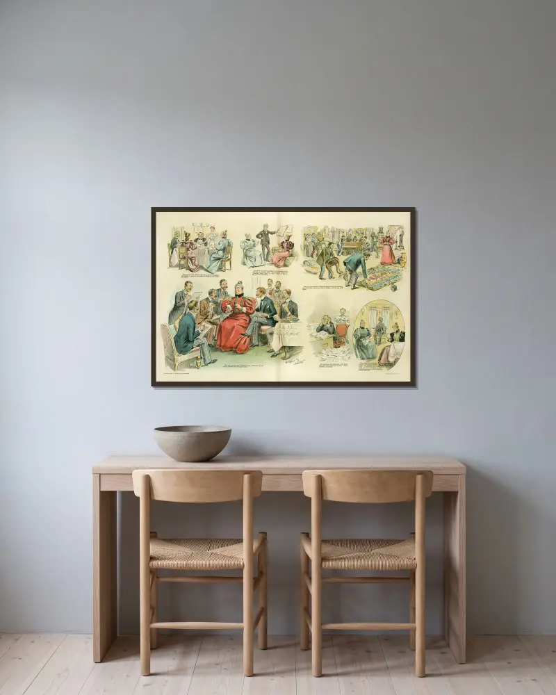 Was eine Zeitungsreklame bewirken kann von Frederick Burr Opper gerahmt an einer Wand