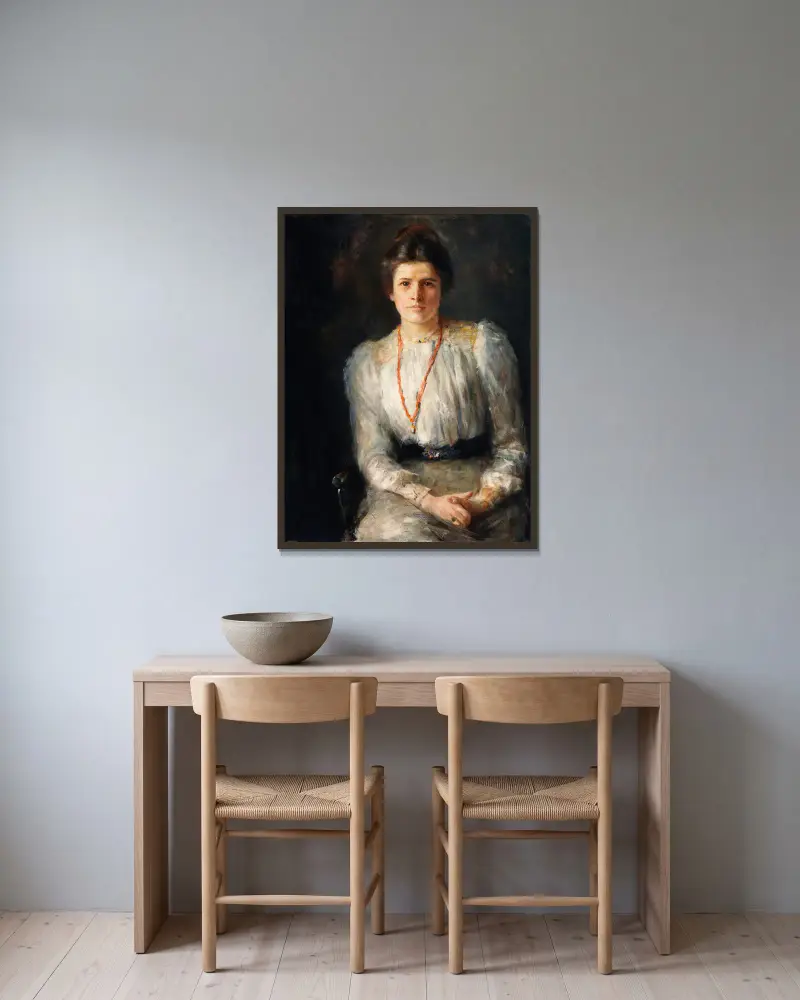 Porträtt av Susan Mary (Lily) Yeats (1866–1949), brodös och formgivare av John Butler Yeats inramad på en vägg