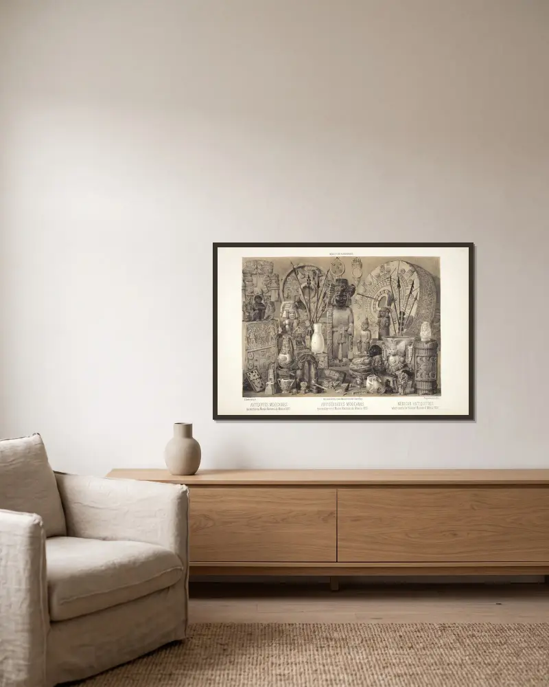 Mexikanische Altertümer im Museo Nacional de México, 1857 von C. Castro gerahmt an einer Wand