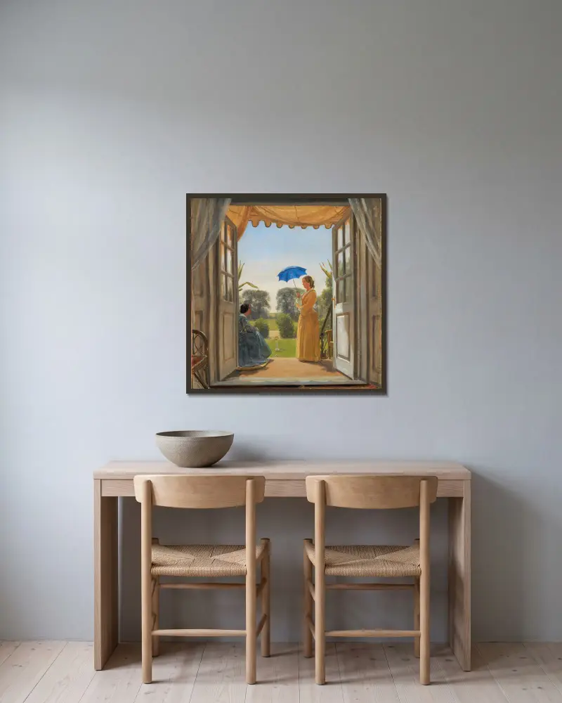 Caroline Dalgas und Jeanina Stampe auf der Gartentreppe von Nysø von P. C. Skovgaard gerahmt an einer Wand