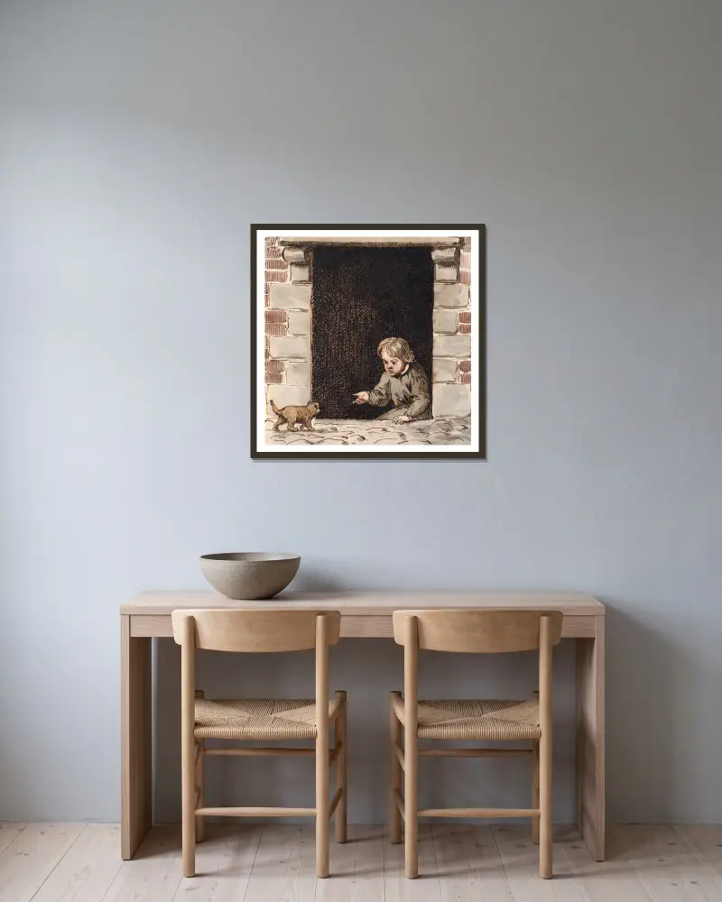 En pojke som sitter i en källardörr och lockar på en hundvalp av P. C. Skovgaard inramad på en vägg