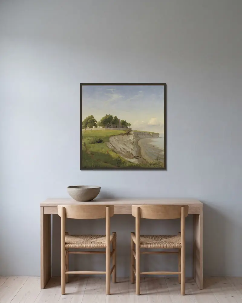 Højerup kyrka på Stevns klint, Sjælland av P. C. Skovgaard inramad på en vägg