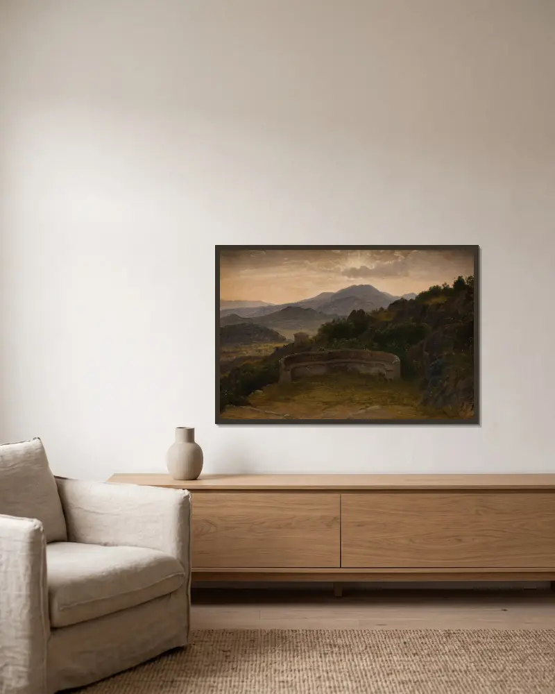 Landschaft bei Subiaco. Sonnenuntergang von P. C. Skovgaard gerahmt an einer Wand