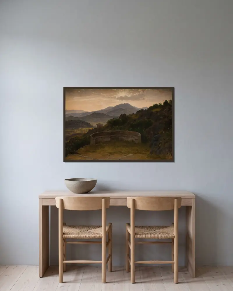 Landschaft bei Subiaco. Sonnenuntergang von P. C. Skovgaard gerahmt an einer Wand