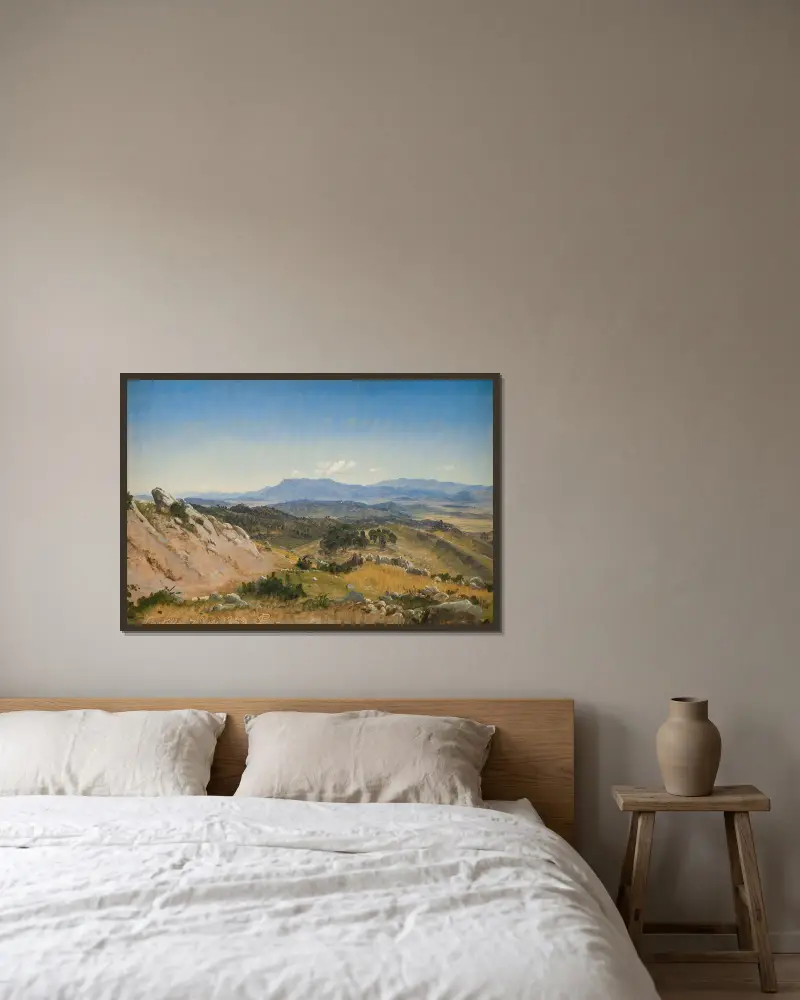 Klippiga kullar nära Civitella av P. C. Skovgaard inramad på en vägg