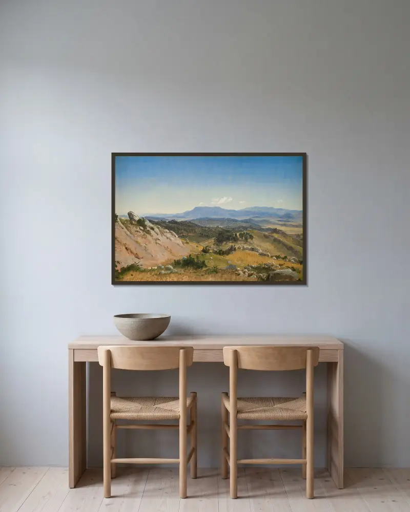 Klippiga kullar nära Civitella av P. C. Skovgaard inramad på en vägg