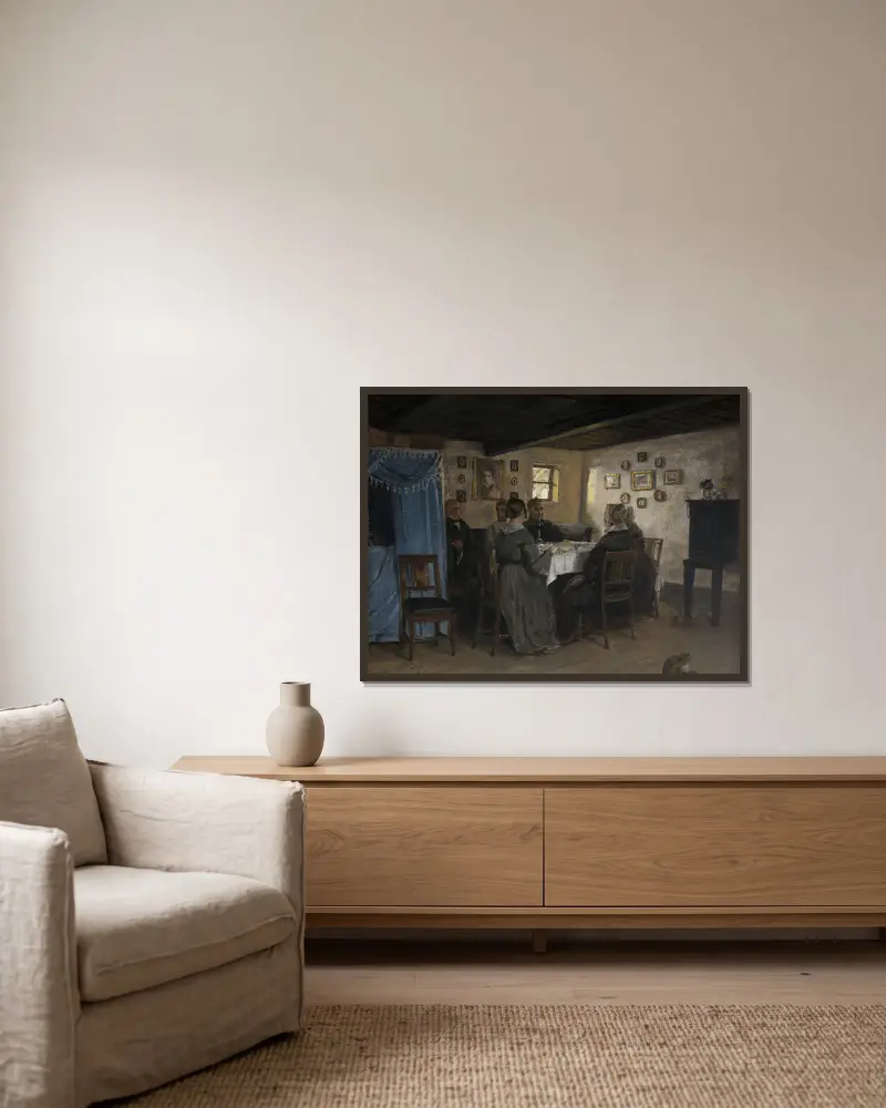 Konstnärens vänner och familj vid ett bord. Vejby, Nordsjælland av P. C. Skovgaard inramad på en vägg