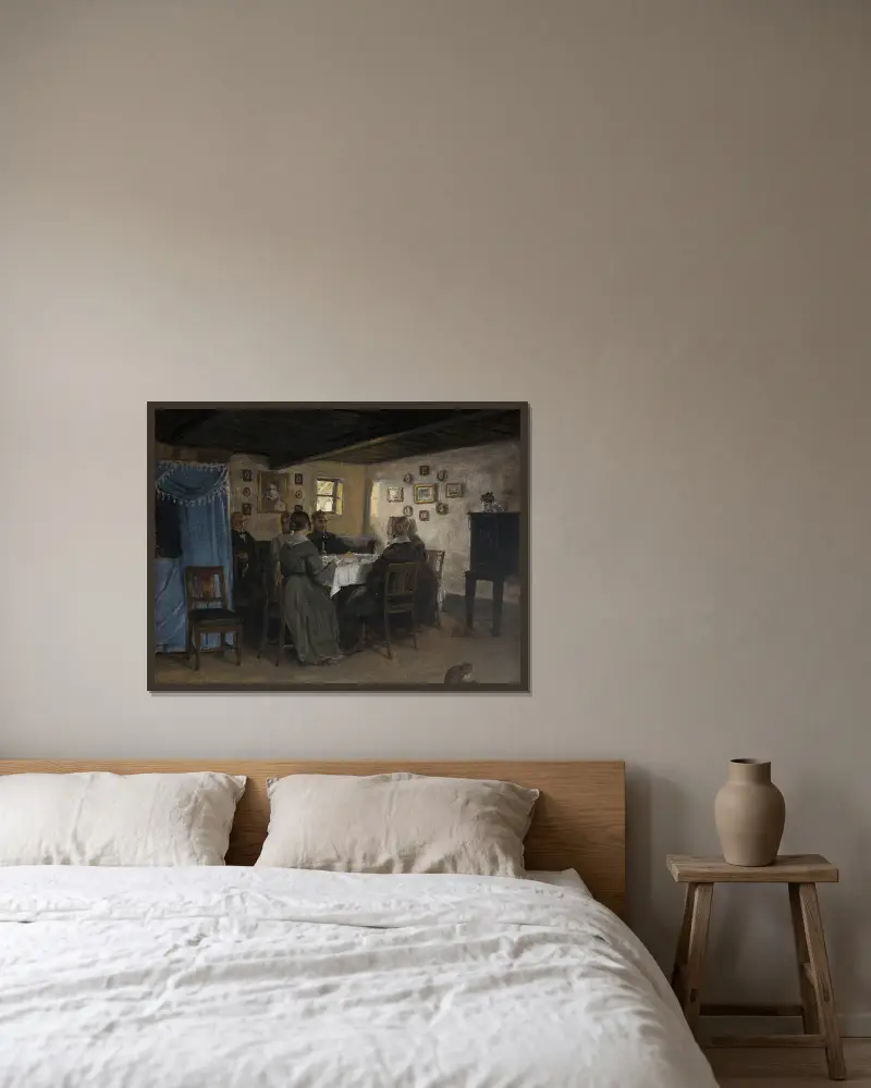 Konstnärens vänner och familj vid ett bord. Vejby, Nordsjælland av P. C. Skovgaard inramad på en vägg