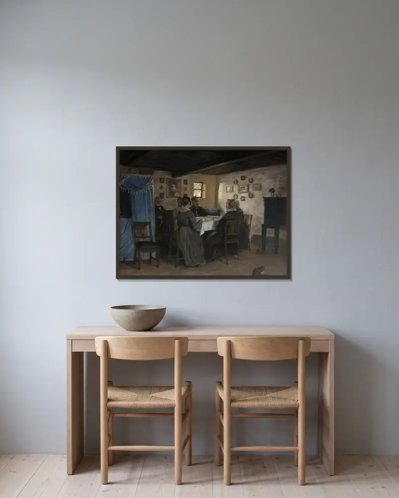 Konstnärens vänner och familj vid ett bord. Vejby, Nordsjælland av P. C. Skovgaard inramad på en vägg