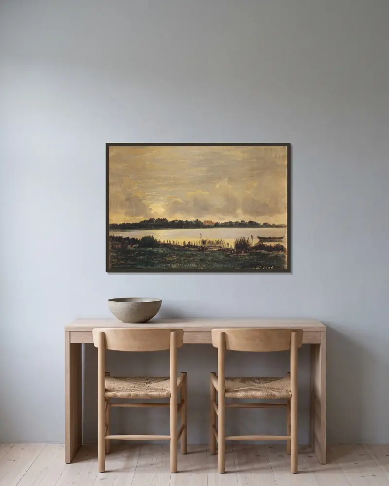Utsikt över Præstø fjord mot herrgården Nysø av P. C. Skovgaard inramad på en vägg