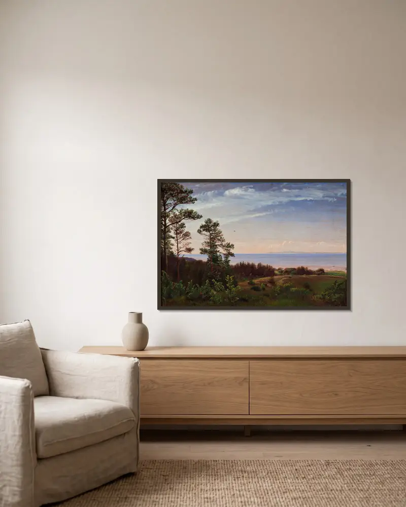 Blick von der Nordküste Seelands über das Kattegat und Kullaberg von P. C. Skovgaard gerahmt an einer Wand