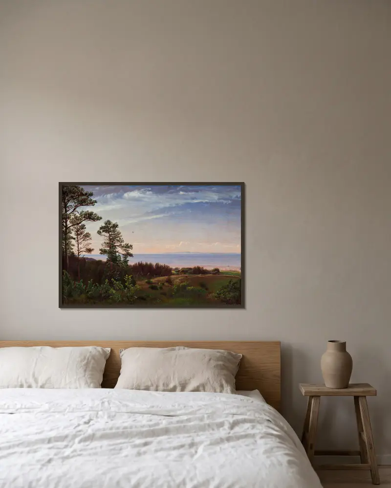 Blick von der Nordküste Seelands über das Kattegat und Kullaberg von P. C. Skovgaard gerahmt an einer Wand