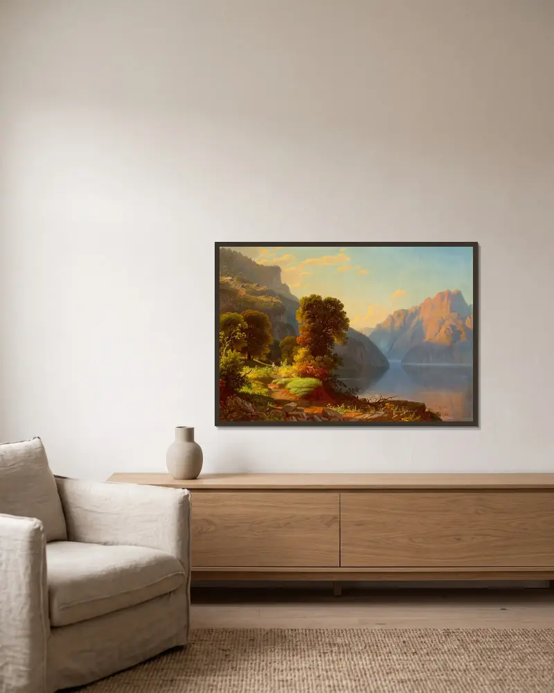 Utsikt över en sjö i bergen av George Caleb Bingham inramad på en vägg