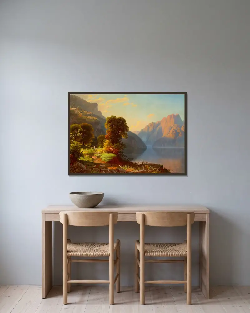 Utsikt över en sjö i bergen av George Caleb Bingham inramad på en vägg