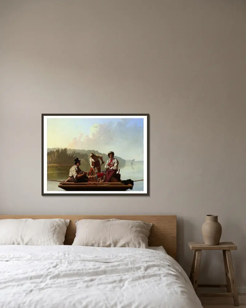 Ruderer auf dem Missouri von George Caleb Bingham gerahmt an einer Wand