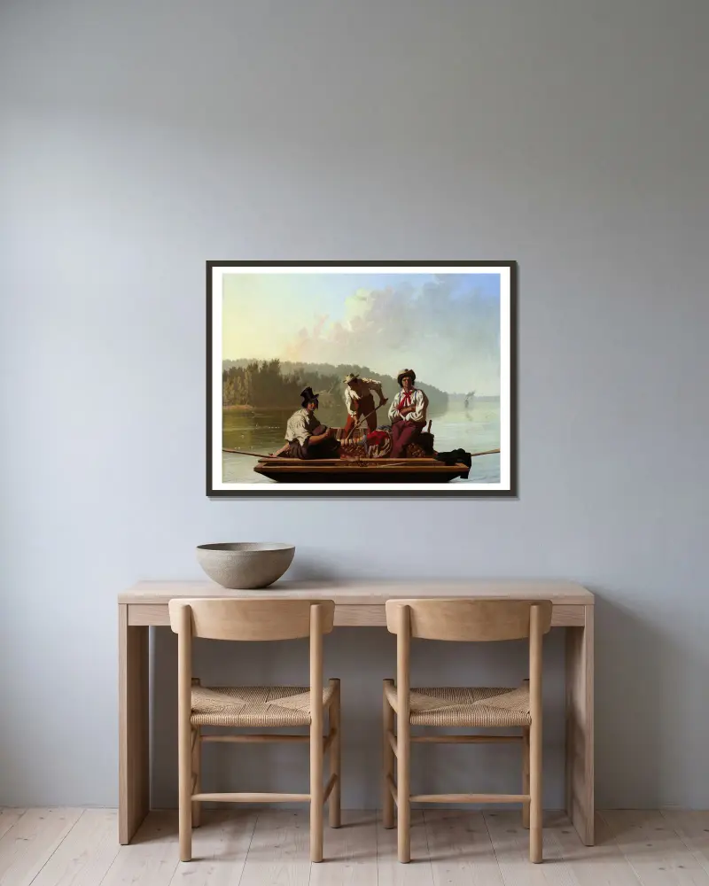 Ruderer auf dem Missouri von George Caleb Bingham gerahmt an einer Wand