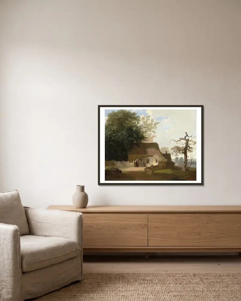 Landschaft mit Hütten von George Caleb Bingham gerahmt an einer Wand