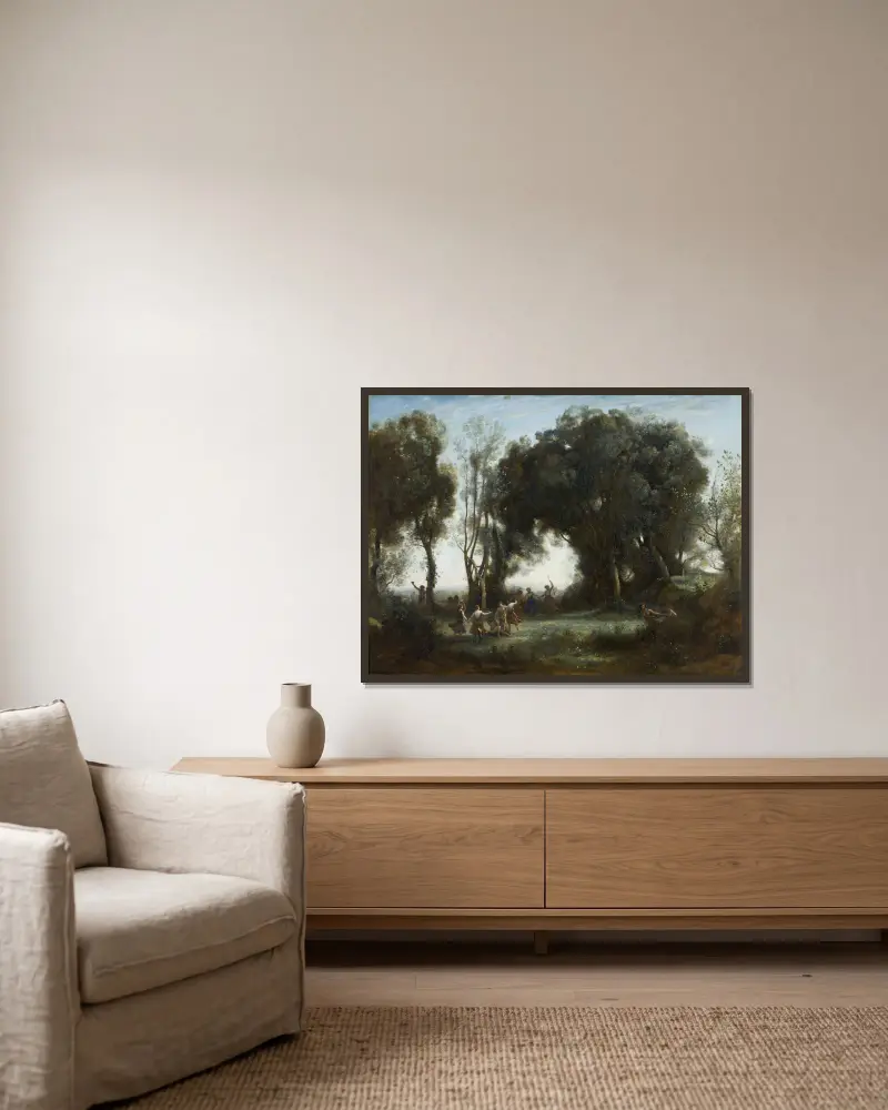 En morgon. Nymfernas dans av Jean-Baptiste-Camille Corot inramad på en vägg