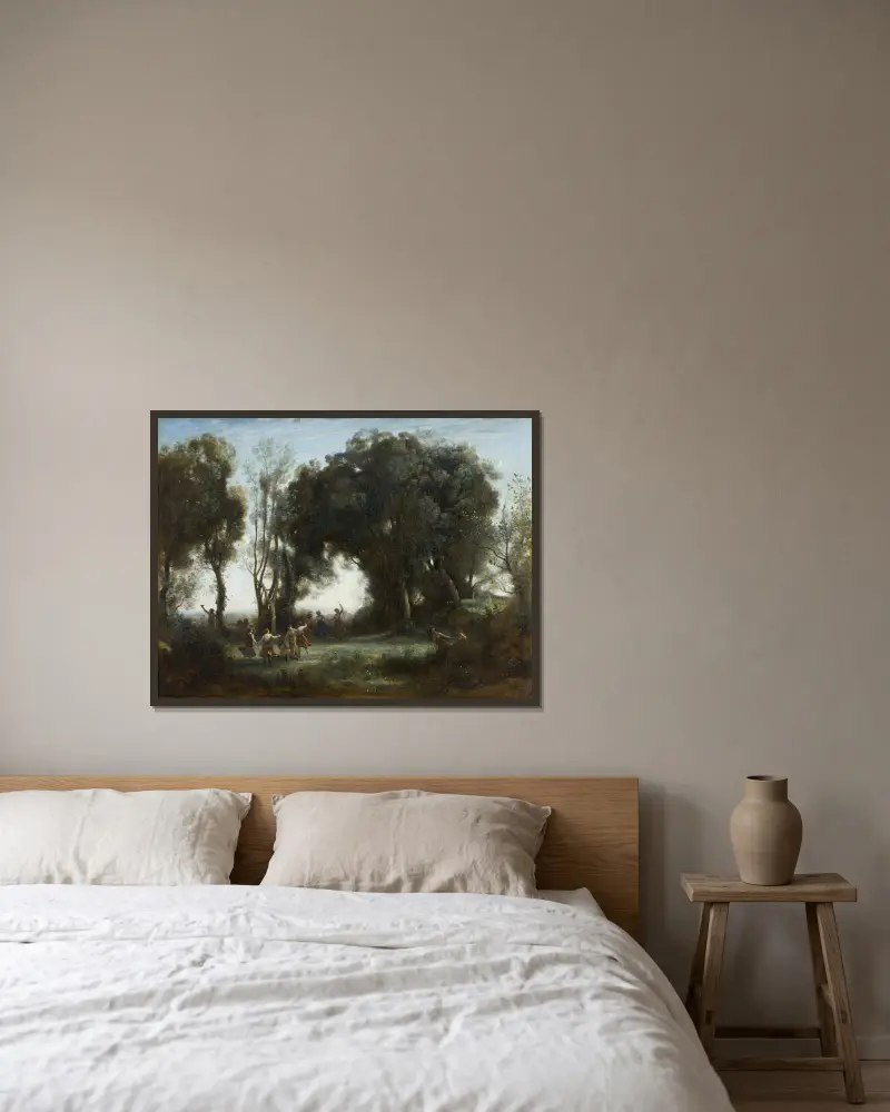 En morgon. Nymfernas dans av Jean-Baptiste-Camille Corot inramad på en vägg