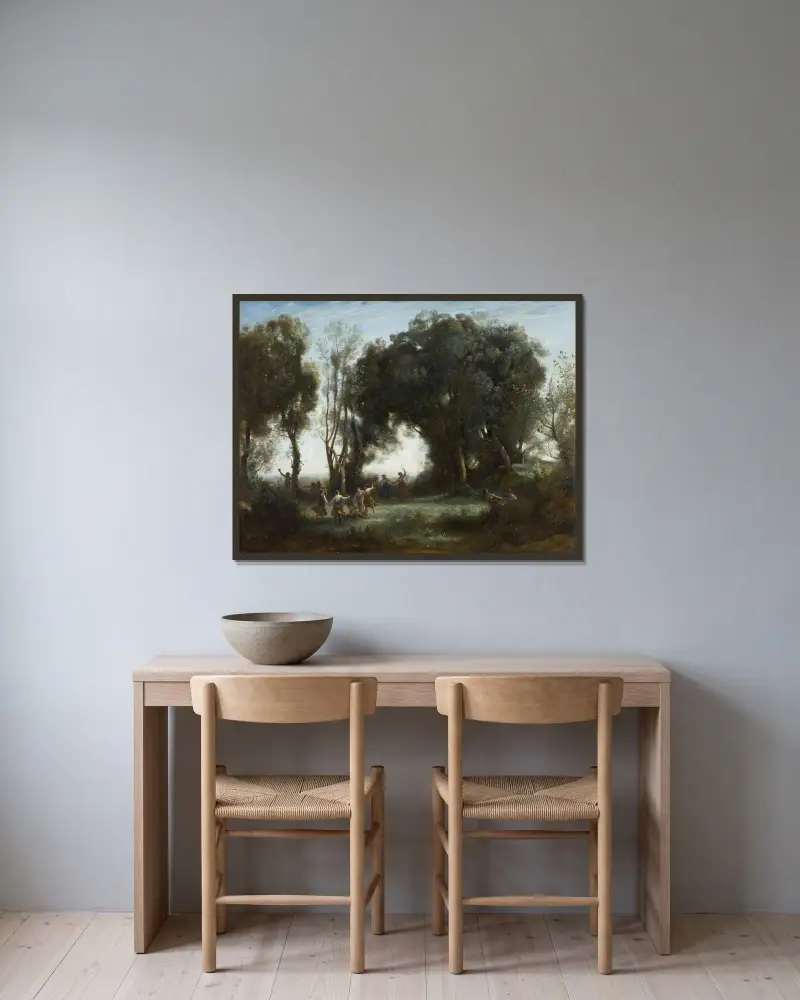En morgon. Nymfernas dans av Jean-Baptiste-Camille Corot inramad på en vägg
