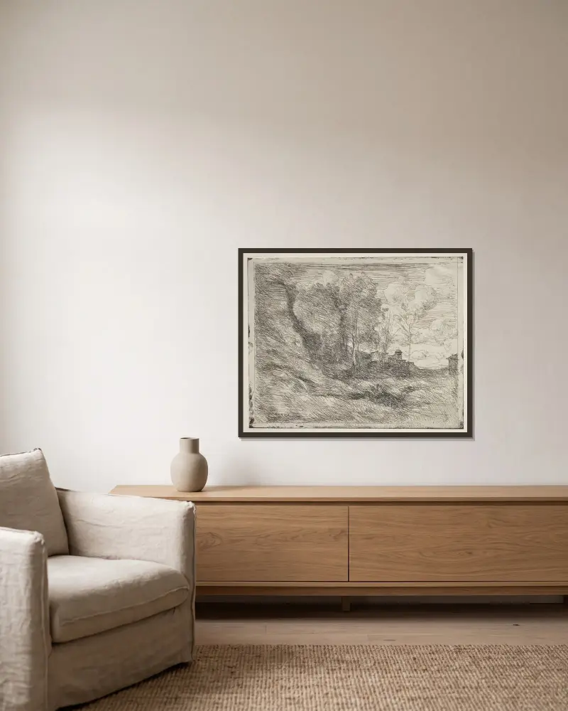 Ett minne från Ostia av Jean-Baptiste-Camille Corot inramad på en vägg