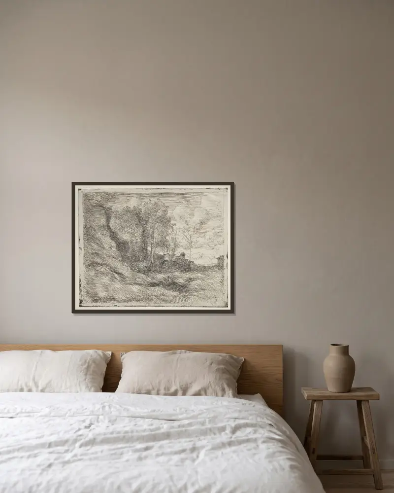 Ett minne från Ostia av Jean-Baptiste-Camille Corot inramad på en vägg