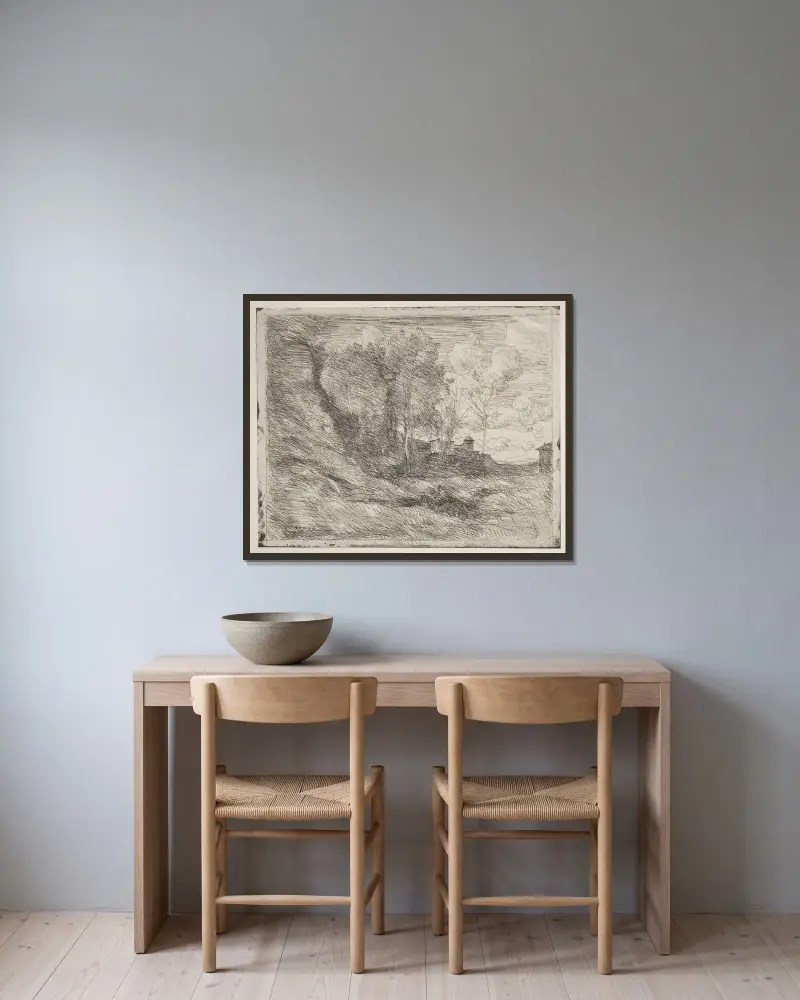 Ett minne från Ostia av Jean-Baptiste-Camille Corot inramad på en vägg