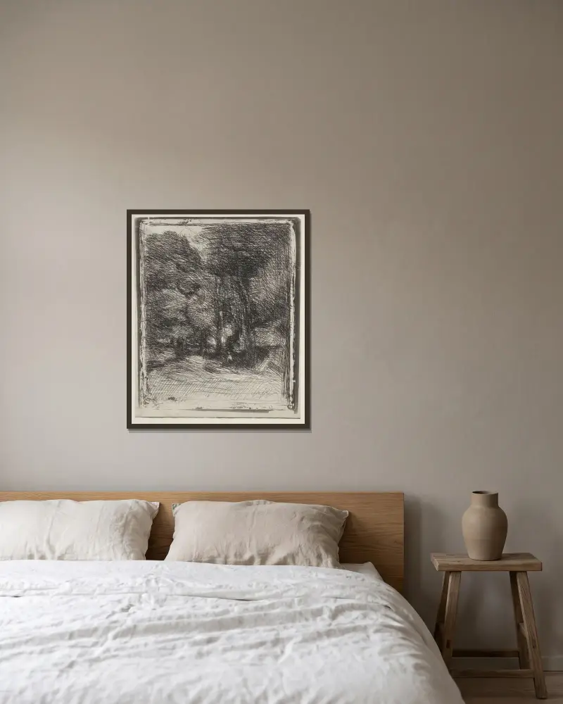 Eine Erinnerung an Bas-Bréau von Jean-Baptiste-Camille Corot gerahmt an einer Wand