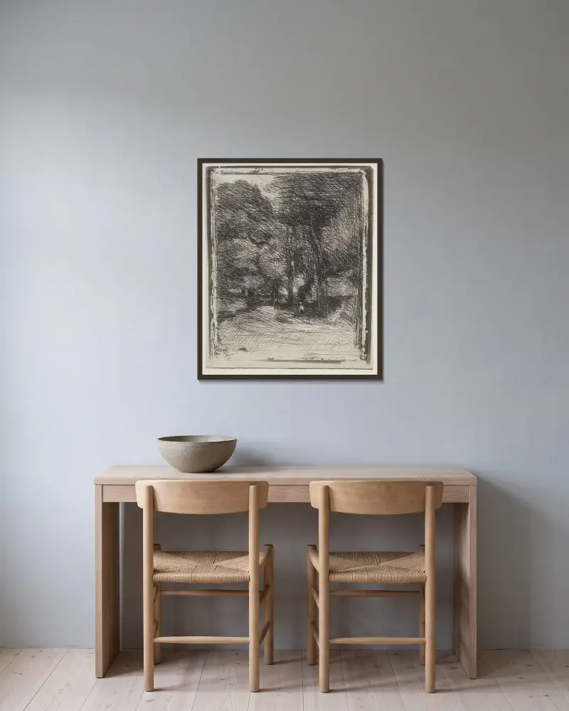 Eine Erinnerung an Bas-Bréau von Jean-Baptiste-Camille Corot gerahmt an einer Wand