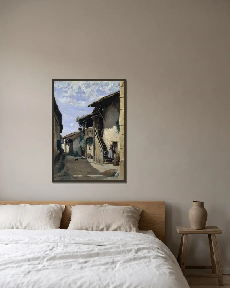 En bygata – Dardagny av Jean-Baptiste-Camille Corot inramad på en vägg