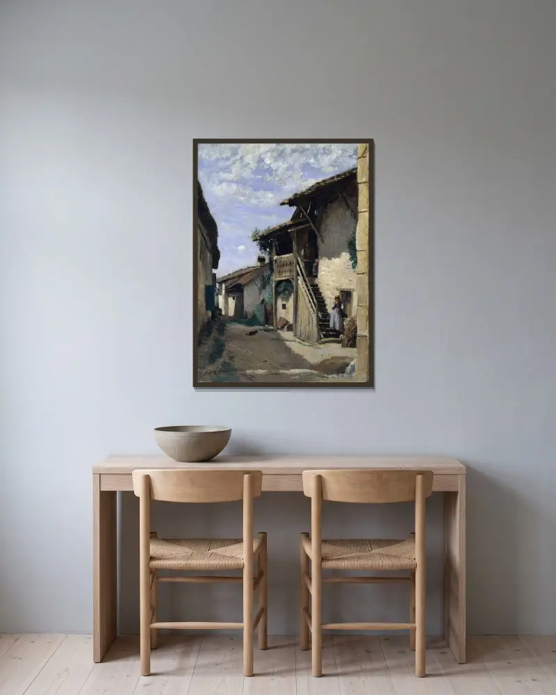 En bygata – Dardagny av Jean-Baptiste-Camille Corot inramad på en vägg