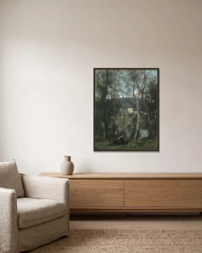 Kvinna som samlar ris i Ville-d’Avray av Jean-Baptiste-Camille Corot inramad på en vägg