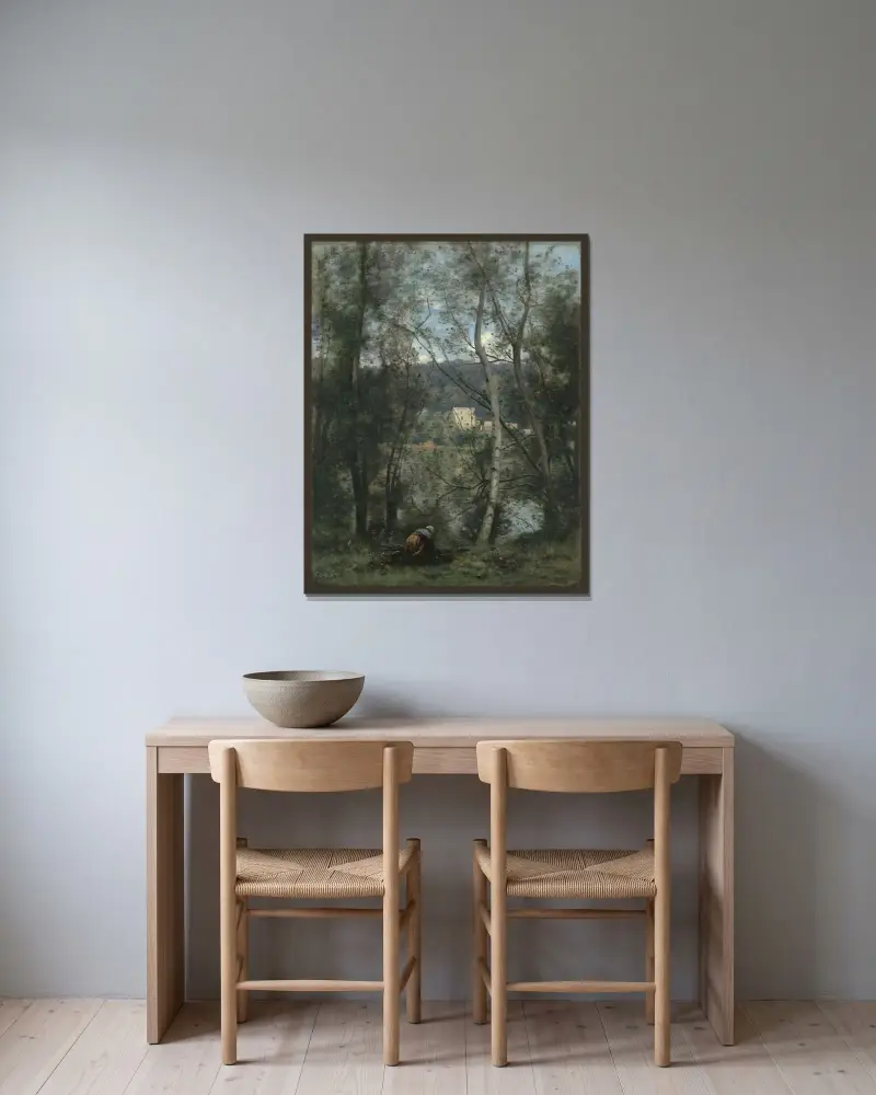 Kvinna som samlar ris i Ville-d’Avray av Jean-Baptiste-Camille Corot inramad på en vägg