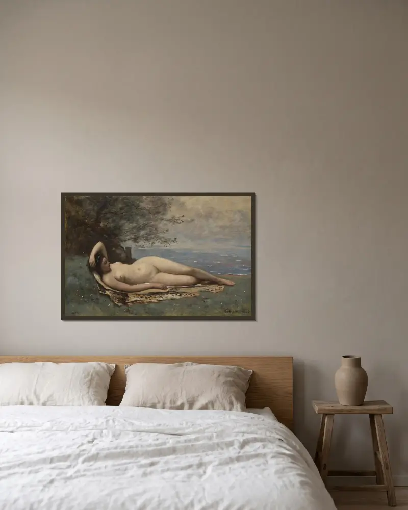 Bacchantin am Meer von Jean-Baptiste-Camille Corot gerahmt an einer Wand