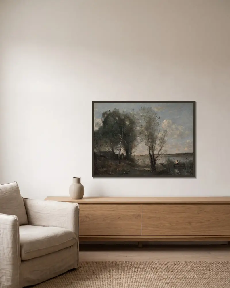 Båtförare bland vass av Jean-Baptiste-Camille Corot inramad på en vägg