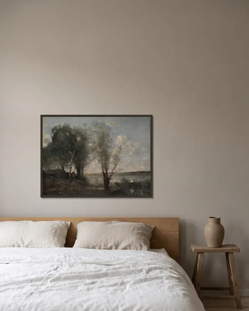 Båtförare bland vass av Jean-Baptiste-Camille Corot inramad på en vägg